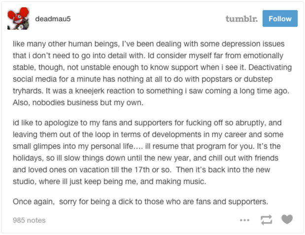 Deadmau5 Writes An Apology To His Fans For His Recent Antics